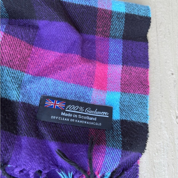 100% Cashmere Plaid Purple and Pink Long Scarf with Fringes, Size: 62”L x 12” - Picture 4 of 4